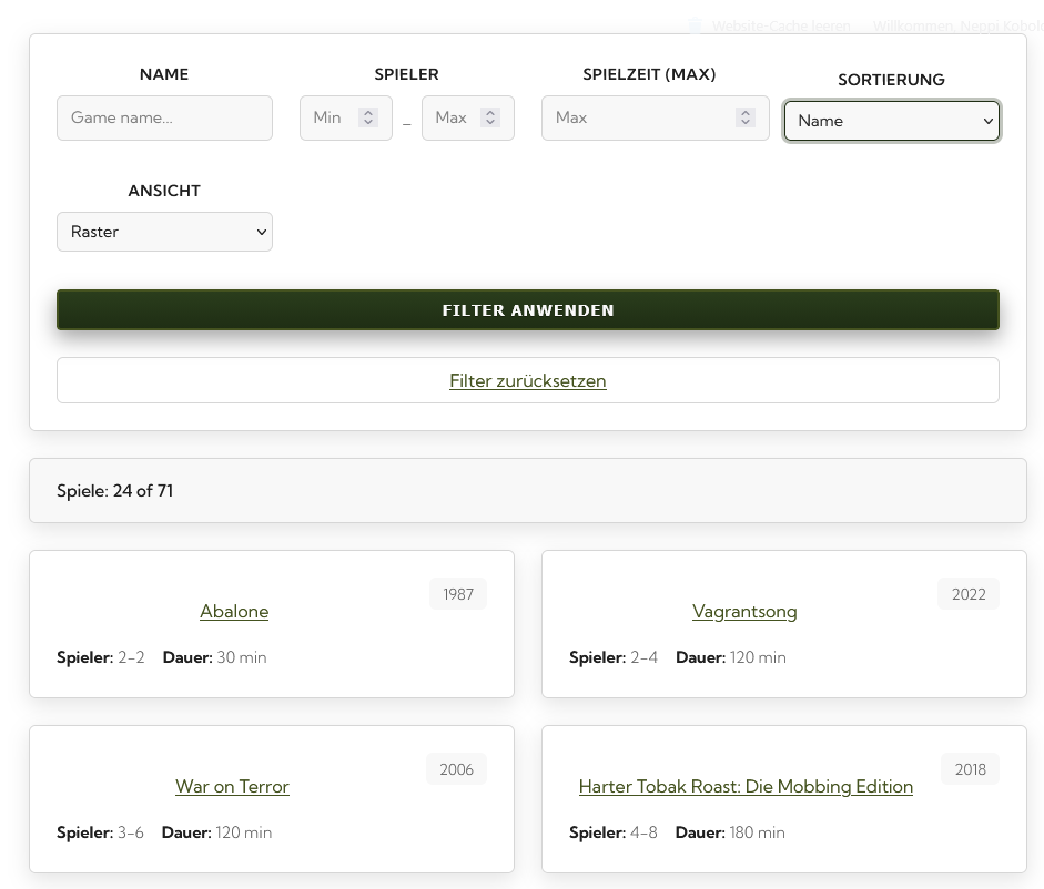 Neue Ansicht über unsere Spiele mit Filterfunktion